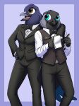  absurd_res anthro avian bird black_tie_(suit) bottomwear bow_tie clothing corvid corvus_(genus) cute_expression duo eurasian_magpie female fish_birb hi_res holarctic_magpie jackdaw magpie_(corvid) male name_tag notebook oscine pants passerine rachel_(fish_birb) suit topwear vest waiter 