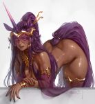  1girl aleriia_v animal_ears bent_over bottomless bracelet breasts dark-skinned_female dark_skin detached_sleeves highres horns horse_ears horse_tail jewelry large_breasts lips long_hair looking_at_viewer open_mouth original ponytail purple_eyes purple_hair purple_thighhighs purple_veil see-through see-through_sleeves see-through_veil single_horn solo sweat tail thighhighs unicorn_girl white_background 