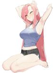  1girl armpits arms_up asymmetrical_bangs barefoot black_shorts blue_tank_top blush breasts closed_eyes closed_mouth commentary full_body highres large_breasts long_hair original pink_hair short_shorts shorts sideboob simple_background sitting solo stretching suisogenshi tank_top very_long_hair white_background 