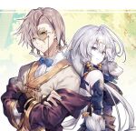  1boy 1girl ahoge atelier_(series) atelier_ryza atelier_ryza_1 bare_shoulders black_gloves blue_bow blue_bowtie body_fur bow bowtie breasts collared_shirt crossed_arms empel_vollmer fingerless_gloves gloves grey_hair hair_between_eyes hair_ornament heterochromia large_breasts lila_decyrus long_hair monocle off_shoulder pink_eyes purple_eyes riichu shirt star_(symbol) star_hair_ornament 