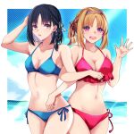  2girls bikini black_hair blue_bikini braid breasts brown_hair cleavage hair_intakes horikita_suzune kushida_kikyou locked_arms medium_breasts medium_hair meronpan_yome multiple_girls navel ocean ponytail purple_eyes red_bikini small_breasts string_bikini swimsuit youkoso_jitsuryoku_shijou_shugi_no_kyoushitsu_e 