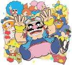  3girls 6+boys 9-volt afro ana_(warioware) anniversary arm_up arms_up artist_name blue_eyes blue_footwear blue_gloves blue_jacket blue_jumpsuit blue_shirt blunt_bangs blush border brown_eyes brown_hair brown_headwear cleft_chin closed_mouth coat commentary_request confetti dr._crygor dress dribble_(warioware) facial_hair fangs fingerless_gloves fronk gloves goggles goggles_on_headwear gonzarez green_pants handheld_game_console hands_up hardhat helmet high_ponytail highres holding holding_handheld_game_console index_finger_raised jacket jimmy_t jumpsuit kat_(warioware) long_hair looking_at_viewer mona_(warioware) multiple_boys multiple_girls mustache nintendo_ds one_eye_closed open_clothes open_coat open_jacket open_mouth orange_hair orbulon pants pink_pants ponytail purple_hair red_dress red_footwear red_gloves red_shirt shirt shoes short_hair short_sleeves short_twintails sidelocks simple_background sleeveless sleeveless_jacket smile spitz star_(symbol) sunglasses sword teeth thick_eyebrows tongue torn_clothes torn_jacket twintails twitter_username v-shaped_eyebrows wario warioware weapon white-framed_eyewear white_border white_coat yellow_background yellow_gloves yellow_headwear zipper_pull_tab 