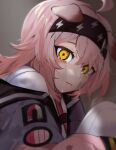  1girl ahoge animal_ears ao_oni_(onioni-aoi) arknights black_hairband blood blood_on_face cat_ears closed_mouth crying crying_with_eyes_open dirty dirty_face floppy_ears from_side goldenglow_(arknights) hairband highres injury knees_up lightning_bolt_symbol long_hair long_sleeves looking_at_viewer looking_to_the_side off_shoulder pink_hair shirt solo streaming_tears tears upper_body white_shirt yellow_eyes 