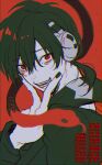  1boy arrow_(symbol) arrow_print black_hair black_jacket black_nails chromatic_aberration colored_text commentary dark_konoha double-parted_bangs evil_smile facial_mark fingernails hair_between_eyes hand_on_own_cheek hand_on_own_face headphones highres jacket junjam kagerou_project konoha_(kagerou_project) limited_palette long_sleeves looking_at_viewer male_focus mirrored_text neck_warmer open_mouth outer_science_(vocaloid) red_background red_eyes short_hair simple_background slit_pupils smile snake solo song_name teeth tongue tongue_out upper_body 