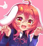  1girl :d ahoge animal_ears blue_shirt blush commentary_request crescent crescent_hair_ornament fang hair_between_eyes hair_ornament hands_up highres kantai_collection long_hair long_sleeves looking_at_viewer neck_ribbon outline pink_background puffy_long_sleeves puffy_sleeves rabbit_ears red_eyes red_hair red_ribbon ribbon shirt sills smile solo upper_body uzuki_(kancolle) white_outline 