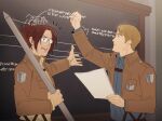  1boy 1other brown_eyes brown_hair brown_jacket chalk chalkboard commentary_request cropped_jacket glasses hange_zoe hanpetos holding holding_paper jacket moblit_berner one-hour_drawing_challenge open_mouth paper ponytail shingeki_no_kyojin smile survey_corps_(emblem) writing 