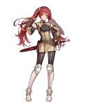  1girl arm_shield black_leggings breasts fire_emblem fire_emblem_awakening fire_emblem_heroes highres leggings long_hair medium_breasts non-web_source official_art red_eyes red_hair severa_(fire_emblem) sheath solo sword twintails weapon 