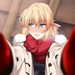 blonde_hair blush breath clothes_only coat fur-trimmed_coat fur_trim gloves green_eyes headless long_sleeves looking_to_the_side medium_hair mizuhashi_parsee ootsuki_wataru open_clothes open_coat pointy_ears red_gloves red_scarf scarf short_hair simple_background solo touhou white_coat winter_gloves 