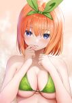  1girl absurdres bare_shoulders bikini blue_eyes blush breasts cleavage collarbone commentary_request finger_to_mouth floral_print gibun_(sozoshu) go-toubun_no_hanayome gradient_background green_bikini green_hairband hairband hands_on_own_chest hands_up highres large_breasts looking_at_viewer nakano_yotsuba orange_background orange_hair parted_lips print_bikini revision short_hair solo swimsuit upper_body 