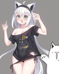  1girl :s absurdres ahoge animal_ear_piercing animal_ears aqua_eyes bare_shoulders black_shirt blush breasts character_print clothes_lift commentary cowboy_shot crossed_bangs double-parted_bangs embarrassed fang fox_ears fox_girl fox_tail fubuzilla_(shirakami_fubuki) grey_background grey_hair hair_between_eyes hands_up highres hip_vent hololive kumarang lifted_by_another long_hair looking_at_viewer loungewear low_twintails medium_breasts nervous_sweating no_bra no_pants off_shoulder official_alternate_costume official_alternate_hairstyle open_mouth print_shirt see-through see-through_shirt shirakami_fubuki shirakami_fubuki_(7th_costume) shirt shirt_lift simple_background skin_fang solo surprised sweat sweatdrop t-shirt tail twintails very_long_hair virtual_youtuber 