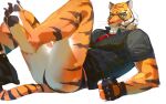  2023 absurd_res anthro black_body black_fur butt clothing epic_games felid fingerless_gloves fortnite fur gloves handwear hi_res looking_away lying male mammal necktie on_back orange_body orange_fur oscar_(fortnite) pantherine pawpads shirt solo striped_body striped_fur stripes tail tiger topwear vest white_body white_fur yellow_eyes yuuko891 