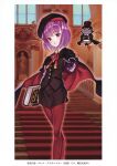  1girl absurdres beret blush book bow bowtie buttons capelet colonel_olcott_(fate) fate/grand_order fate_(series) floating gloves hand_up hat helena_blavatsky_(fate) highres holding holding_book indoors long_sleeves looking_at_viewer matsuryuu miniskirt pantyhose parted_lips purple_eyes purple_hair reaching reaching_towards_viewer scan short_hair simple_background skirt smile stairs statue window 