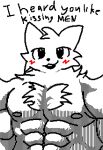  abs anthro blush boy_kisser_(meme) chest_tuft felid feline fur head_tuft hi_res male mammal muscular muscular_male pecs silly_cat_(mauzymice) simple_background smug solo text tuft unknown_artist white_background white_body white_fur 