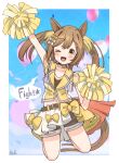  1girl alternate_costume animal_ears armpits arms_up balloon breasts hair_ornament highres horse_girl jumping looking_at_viewer medium_hair one_eye_closed open_mouth pom_pom_(cheerleading) rakugakiraid ribbon short_twintails shorts smart_falcon_(twilight_triumph)_(umamusume) smart_falcon_(umamusume) sweat teeth twintails umamusume upper_teeth_only 