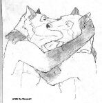  1986 ambiguous_gender anthro canid canine canis copyright_symbol duo english_text fur greyscale kissing low_res male male/male mammal monochrome shaded simple_background sketch symbol text the_werewolf traditional_media_(artwork) white_background wolf 