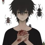  1boy beetle black_eyes black_hair black_shirt blood blood_on_hands bug closed_mouth hair_between_eyes hands_up highres male_focus original shirt short_hair solo tears white_background yuzhoupiaofu 
