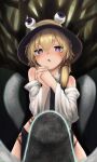  1girl absurdres bare_shoulders blonde_hair blush bright_pupils brown_headwear commentary_request highres looking_at_viewer mishaguji moriya_suwako neritch open_mouth own_hands_together purple_eyes ringed_eyes sidelocks skirt solo touhou white_pupils 