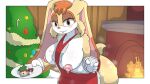  anthro apron blush bodily_fluids breast_milk_in_a_cup breasts christmas christmas_clothing clothing cookie female fireplace food hi_res holidays lactating lagomorph leporid looking_at_viewer mammal milk musk nipples offering_food rabbit rilesthecat sega solo sonic_the_hedgehog_(series) steam sweat vanilla_the_rabbit 