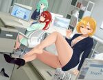 1girl 3girls absurdres aqua_hair barefoot beer_can blonde_hair blue_eyes can dutch_angle green_hair high_heels highres hipa_(some1else45) horns indoors looking_at_viewer multiple_girls nahia_(some1else45) office office_lady original panties quatthro red_hair sekoshi_(some1else45) sitting smile thighs underwear 