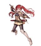 1girl arm_shield black_leggings breasts fire_emblem fire_emblem_awakening fire_emblem_heroes highres holding holding_sword holding_weapon leggings long_hair medium_breasts non-web_source official_art red_eyes red_hair severa_(fire_emblem) sheath solo sword twintails weapon 