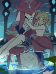  2boys blonde_hair blue_eyes blush carrying closed_mouth fish_boy highres link male_focus multiple_boys pointy_ears scar scar_on_arm scar_on_chest scar_on_leg sidon smile suikaels the_legend_of_zelda topless topless_male water yaoi yellow_eyes zora 