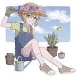  1boy basil_(faraway)_(omori) basil_(omori) blonde_hair blue_eyes blue_overalls blush bug butterfly flower gloves green_gloves green_shirt hat hat_flower highres looking_at_viewer mozukusa omori overall_shorts overalls plant potted_plant shirt sitting smile socks solo sun_hat watering_can white_socks 