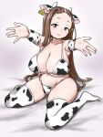  1girl animal_print bikini blue_eyes breasts brown_hair cow_horns cow_print cow_print_bikini elbow_gloves forehead gloves grimms_notes hair_ornament hairclip horns huge_breasts incoming_hug jewelry long_hair mona_lisa_(grimms_notes) on_bed reaching reaching_towards_viewer ring sitting smile socks solo swimsuit wariza yass_hero 