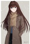  1girl alternate_costume aozaki_aoko blazer blue_eyes blush border brown_hair brown_jacket closed_mouth commentary grey_background hair_between_eyes hair_intakes hand_in_pocket highres jacket long_hair long_sleeves looking_at_viewer mahou_tsukai_no_yoru outside_border scarf shintyoi2 simple_background smile snow snowing solo white_border winter_clothes yellow_scarf 