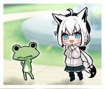 1girl 1other absurdres animal_ear_piercing animal_ears beret black_headwear black_pantyhose black_ribbon blue_eyes boots bow bowtie braid chibi clenched_hands closed_eyes doko_demo_issho double-parted_bangs fountain fox_ears fox_girl fox_tail frilled_skirt frills frog green_skirt grey_shirt hair_between_eyes hair_ribbon hat highres hololive long_hair long_sleeves low_ponytail mayuko_(mayumaaaaaro) official_alternate_costume official_alternate_hairstyle outdoors pantyhose pentagram ribbon ricky_(doko_demo_issho) shirakami_fubuki shirakami_fubuki_(3rd_costume) shirt side_braid skirt tail v-shaped_eyebrows virtual_youtuber white_bow white_bowtie white_hair wide_sleeves 