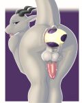  absurd_res anal anthro balls big_insertion big_tail bodily_fluids butt ears_back egg genital_fluids genitals hazed01 hi_res horn huge_filesize kobold male oviposition penis_between_thighs pivoted_ears precum presenting presenting_hindquarters pushing_out scalie shaded simple_background solo tail tongue tongue_out 