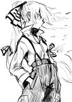  1girl absurdres bow cigarette collared_shirt commentary from_side fujiwara_no_mokou ginger_ale_(syouga_6383) greyscale hair_bow hands_in_pockets highres long_hair long_sleeves monochrome ofuda ofuda_on_clothes pants ponytail shirt simple_background sketch smoking solo touhou very_long_hair 