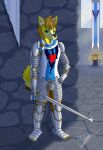  &lt;3 2023 5_fingers anthro armor banner black_nose blue_eyes blue_scarf bottomwear brazier brown_armor brown_bottomwear brown_clothing brown_pants canid canine canis clothing codpiece countershade_tail countershading day detailed_background dialogue_in_description eyebrows facial_markings fingers fire fox fur glint grey_armor hair hand_on_hip head_markings heart_clothing hi_res holding_object holding_sword holding_weapon hybrid inner_ear_fluff inside light light_beam looking_annoyed looking_at_viewer male mammal markings medieval_armor melee_weapon muzzle_(marking) narrowed_eyes orange_eyebrows orange_hair pants pauldron plantigrade red_heart reiver93 reiver_valentine scarf shaded shadow signature snout snout_markings solo spiky_hair standing stone_floor stone_wall sunbeam sunlight sword tail tan_body tan_fur tan_inner_ear tan_inner_ear_fluff tuft wall_(structure) weapon whisker_spots white_scarf window wolf yellow_body yellow_fur 