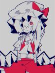  1girl @_@ ascot bandaid bandaid_on_arm bandaid_on_face black_eyes bow chromatic_aberration commentary_request crystal flandre_scarlet grey_background hair_between_eyes hat hat_bow heterochromia long_hair looking_at_viewer mechakuchagenki mob_cap one_side_up red_bow red_eyes red_skirt red_vest shirt short_sleeves simple_background skirt solo tearing_up touhou upper_body vest white_headwear white_shirt wings 