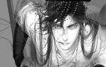  1boy asymmetrical_bangs character_request chinese_clothes chinese_commentary collarbone commentary_request erha_he_tadebai_mao_shizun grey_background greyscale hair_ornament hair_over_shoulder hairpin hanfu highres holding kami_off_record layered_sleeves long_hair long_sleeves looking_at_viewer male_focus monochrome parted_lips pectoral_cleavage pectorals short_over_long_sleeves short_sleeves sleeves_past_wrists smirk solo thick_eyebrows v-shaped_eyebrows 