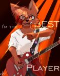  anthro bisexual_pride_colors black_nails canid canine clothing colored_nails electric_guitar fangs fox fur guitar hair lgbt_pride male mammal multicolored_hair musical_instrument nails open_mouth orange_body orange_fur orange_hair orange_sclera pin_button plucked_string_instrument pride_colors red_fox red_hair shirt solo string_instrument sweater_around_waist teeth text topwear white_clothing white_shirt white_topwear yukki_cuyo 