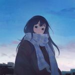  1girl :o black_coat black_eyes blue_hair blue_scarf blue_sky breath cloud cloudy_sky coat dark_blue_hair ddini double-parted_bangs enpera hands_in_pockets highres light_blush long_hair looking_at_viewer open_mouth original outdoors plaid plaid_scarf scarf sky solo standing star_(sky) starry_sky 