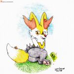  anthro braixen butt canid canine cute_expression cute_eyes female fox generation_6_pokemon grass hi_res lying mammal nintendo on_side pawpads paws plant pokemon pokemon_(species) raised_tail shy smile solo tail traditional_media_(artwork) yordraw 