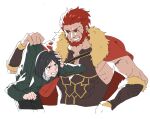  2boys beard cape cropped_torso eye_contact facial_hair fate/zero fate_(series) highres iskandar_(fate) lifting_person looking_at_another male_focus mature_male multiple_boys pectorals potato_goril red_eyes red_hair scar short_hair sidepec size_difference tearing_up toned toned_male waver_velvet white_background 