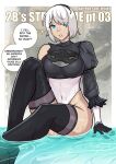  1girl 2b_(nier:automata) black_hairband blue_eyes boots covered_navel english_text feather_trim hair_over_one_eye hairband juliet_sleeves leotard long_sleeves looking_at_viewer nier:automata nier_(series) no_blindfold puffy_sleeves redjet short_hair single_sleeve sitting solo speech_bubble thigh_boots thighhighs thighhighs_under_boots thong_leotard torn_sleeve water white_leotard 