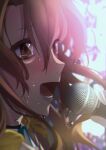  1girl aiguillette backlighting blush brown_hair close-up gloves hair_between_eyes highres holding holding_microphone idolmaster idolmaster_cinderella_girls looking_ahead microphone music shimamura_uzuki shure singing solo sweat tears wasabi_(mecha_karai) white_gloves 