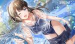  1girl ;d black_hair blue_eyes blue_one-piece_swimsuit blue_skirt blurry blurry_background blush bokeh breasts cleavage clothes_pull collarbone copyright_name depth_of_field fence hair_ornament hair_scrunchie hair_tie holding holding_hose hose konomi_yui leg_up lens_flare long_hair looking_at_viewer niwata0 official_art one-piece_swimsuit one_eye_closed open_mouth pleated_skirt ponytail pool school_swimsuit school_uniform scrunchie see-through see-through_shirt seifuku_kanojo serafuku skirt skirt_pull smile solo sparkle spraying standing standing_on_one_leg swimsuit thighs water water_drop 