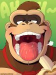  2023 alternate_version_at_source anthro ape banana bodily_fluids brown_body brown_fur bust_portrait colored crazy-go-lucky_(artist) digital_drawing_(artwork) digital_media_(artwork) donkey_kong_(character) donkey_kong_(series) dripping food fruit fur gorilla gums half-closed_eyes haplorhine hi_res kong looking_pleasured male mammal molars mouth_shot narrowed_eyes necktie nintendo open_mouth plant portrait primate saliva saliva_drip saliva_on_tongue saliva_string satisfied shaded sigh simple_background smile solo teeth tongue tongue_out uvula 