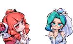 2girls bare_shoulders blunt_bangs blush character_request check_character crystal_rose_vayne detached_sleeves double_bun drill_hair glasses green_eyes green_hiar gwen_(league_of_legends) hair_bun hand_up index_finger_raised league_of_legends league_of_legends:_wild_rift long_hair multicolored_hair multiple_girls phantom_ix_row prestige_crystal_rose_gwen red_eyes red_hair short_hair simple_background smile two-tone_hair vayne_(league_of_legends) wavy_mouth white_background 