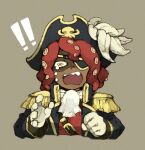  ! 1boy ascot belt black_coat brown_background coat dark_skin epaulettes eyepatch gloves hat maniani octopus_boy octopus_print open_mouth original pirate pirate_hat red_hair red_shirt shirt solo teardrop tentacle_hair upper_body white_ascot yellow_eyes yellow_trim 