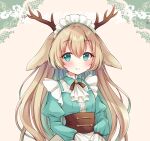  1girl animal_ears antlers ascot blonde_hair blue_dress blue_eyes blush brown_corset closed_mouth commentary_request corset deer_ears deer_girl dress flat_chest hair_between_eyes highres juliet_sleeves long_hair long_sleeves looking_at_viewer maid_headdress medium_bangs nanashi_inc. puffy_sleeves shirt simple_background smile solo tsukinoki_tirol upper_body usaba_(usabara_c) virtual_youtuber white_ascot white_shirt 