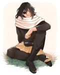  1boy animal_on_lap black_footwear black_jumpsuit boku_no_hero_academia brown_cat cat cat_on_lap closed_mouth eraser_head_(boku_no_hero_academia) eyepatch grass grey_scarf hair_between_eyes highres jumpsuit male_focus messy_hair on_lap rnuyvm scar scar_across_eye scar_on_face scarf sitting solo 