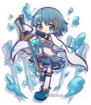  1girl belt blue_belt blue_eyes blue_footwear blue_hair blue_skirt cape closed_mouth doradorakingyo fortissimo full_body gloves hair_ornament holding holding_sword holding_weapon looking_at_viewer mahou_shoujo_madoka_magica mahou_shoujo_madoka_magica_(anime) miki_sayaka musical_note musical_note_hair_ornament parody pleated_skirt puyopuyo puyopuyo_quest shirt short_hair skirt smile solo soul_gem style_parody sword thighhighs twitter_username weapon white_background white_cape white_gloves white_shirt white_thighhighs 