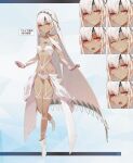  1girl altera_(fate) altera_(lostroom_outfit)_(fate) alternate_costume ankle_boots bare_shoulders blush boots breasts closed_eyes dark_skin expressions fate/grand_order fate_(series) full_body highres huke long_hair looking_at_viewer navel official_alternate_costume official_art page_number red_eyes sharp_teeth short_shorts shorts simple_background small_breasts smile stomach tattoo teeth veil white_footwear white_hair 