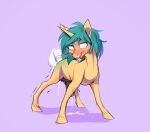  ahegao anal anal_penetration blush bodily_fluids brown_penis cum cum_inside cum_on_body cum_on_ground duo equid equine feral fur genital_fluids genitals green_hair hair hasbro hi_res horn horse looking_pleasured male male/male mammal my_little_pony not_furry penetration penis pony velvety wata_(watashiao) white_penis yellow_body yellow_fur 