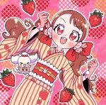  1girl aji_fry alternate_costume blush brown_hair dress earrings food food-themed_hair_ornament fruit gloves hair_ornament highres japanese_clothes jewelry kirakira_precure_a_la_mode long_hair magical_girl open_mouth pekorin_(precure) pom_pom_(clothes) pom_pom_earrings precure red_eyes simple_background smile strawberry twintails usami_ichika 